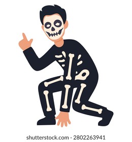 man in skeleton costume crouching down looking at viewer