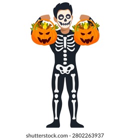 man in skeleton costume holding two trick treat pumpkins