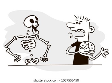 Man and skeleton. Funny vector. Bad habits.