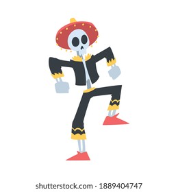 Man Skeleton in Mexican Traditional Costume and Sombrero Hat Dancing, Day of the Dead Cartoon Style Vector Illustration