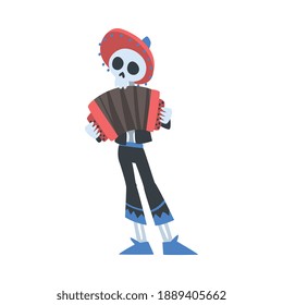 Man Skeleton in Mexican Traditional Costume and Sombrero Hat Playing Accordion, Dia de Muertos, Day of the Dead Cartoon Style Vector Illustration