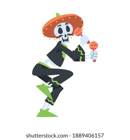 Man Skeleton in Mexican Traditional Costume and Sombrero Hat Playing Maracas, Dia de Muertos, Day of the Dead Cartoon Style Vector Illustration