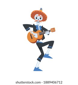 Man Skeleton in Mexican Traditional Costume and Sombrero Hat Playing Guitar and Dancing, Dia de Muertos, Day of the Dead Cartoon Style Vector Illustration
