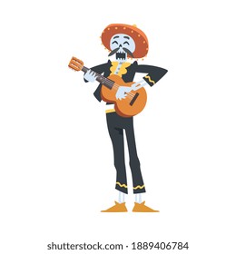 Man Skeleton in Mexican Traditional Costume and Sombrero Hat Playing Guitar Music Instrument, Dia de Muertos, Day of the Dead Cartoon Style Vector Illustration