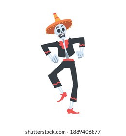Man Skeleton in Mexican Traditional Costume and Sombrero Hat Dancing, Dia de Muertos, Day of the Dead Cartoon Style Vector Illustration