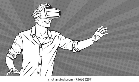 Man Sketch Wear Modern 3d Glasses Virtual Reality Concept Pop Art Style Background Vector Illustration