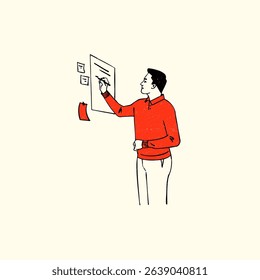 Man sketching on paper, with sticky notes, planning and organising ideas vector 