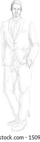 Man sketching with vector brush. A Standing businessman illustration. Corporate, line, hand drawing