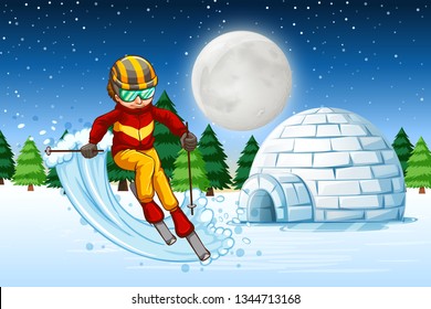 A man ski at night illustration