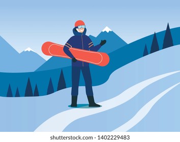 Man in ski suit and goggles stands outdoors holding snowboard cartoon style, vector illustration on flat mountain landscape background. Male snowboarder stands on hill slope, extreme winter sport