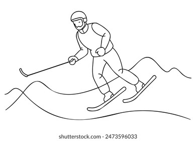 Man in ski suit skiing in the mountains Hand drawn Continuous line art vector illustration