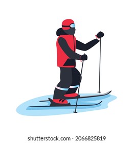 A man in a ski suit is skiing. Winter recreation and sports. Active lifestyle. Extreme sports. Vector illustration isolated on white background.