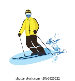 A man in a ski suit is skiing. Winter recreation and sports. Active lifestyle. Extreme sports. Vector illustration isolated on white background.