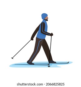 Ein Mann in einem Skianzug ist Skifahren. Wintererholung und Sport. Aktiver Lebensstil. Extremsport. Vektorgrafik einzeln auf weißem Hintergrund.
