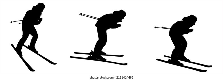 The man skier bent down closer to the ground, picking up speed for movement. The skier guy folded his hands with the ski poles closer to the body. Winter sports. Black silhouette isolated on white.
