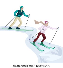 A man skier and a girl on skis in sportswear down the slope. Vector illustration on white background.