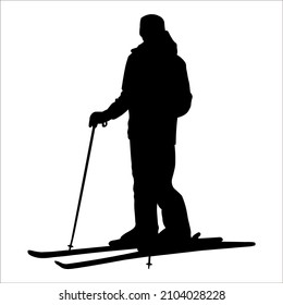 Man Skier. A Guy In A Ski Suit With Sticks Poles In His Hands And Skis On His Feet. The Skier Stands Half Sideways, Bending His Knee. Winter Sports. Male Black Silhouette Isolated On White Background.