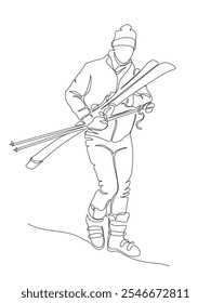 Man skier holding mountain ski and walking. Wear warm clothes. Continuous line drawing. Black and white vector illustration in line art style.