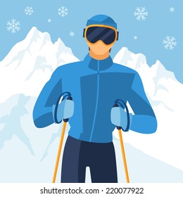 Man skier on mountain winter landscape background.