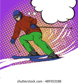 Man skier skiing in mountains. Vector illustration in pop art retro style. Winter sports vacation concept.