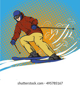 Man skier skiing in mountains. Vector illustration in pop art retro style. Winter sports vacation concept.