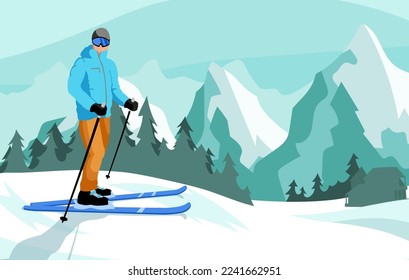 Man skier standing on mountain hill in ski resort. Winter sports activities on skis in snowy Alps. Freeride skiing in country cross landscape with forest and rocks on background. Vector illustration