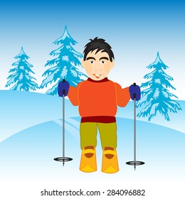 The Man skier in winter wood.Vector illustration