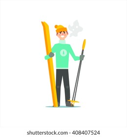 Man With Skies And Poles Primitive Vector Flat Isolated Illustration On White Background