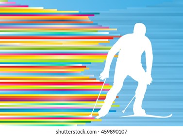 Man skiing abstract vector background illustration with colorful stripes