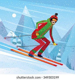 Man skiing with action camera on his head - fun or entertainment concept. Vector illustration