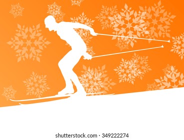 Man skiing athlete skier skiing extreme winter background concept with snowflakes falling