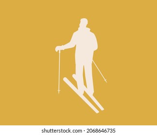 Hombre esquiando por la espalda aislado. Ilustración de material vectorial de silueta. El esquí como actividad de ocio. Esquiador amarillo de colores. Un hombre con esquís y bastones de esquí. Gráficos de silueta