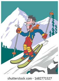 Man is skiing cartoon, funny skier,vector illustration