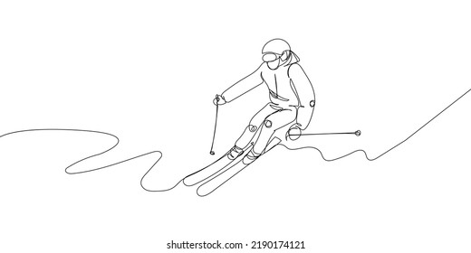 Hombre esquiando por la montaña arte de una sola línea. Dibujo continuo de líneas deporte, deportes de invierno, hacer trucos, esquíes, postes de esquí, competencia, extremo, uniforme, hombre, mujer, ocio, hobby.