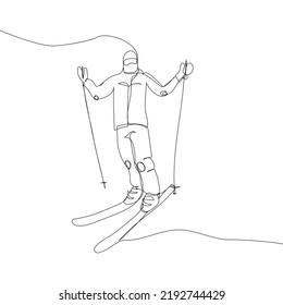 Man skiing down the mountain one line art. Continuous line drawing sport, winter sports, do tricks, skis, ski poles, goggles, competition, extreme, uniform, man, woman, leisure, hobby.