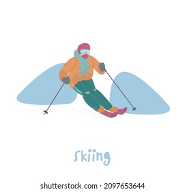 Hombre esquiando por la colina nevada. Deportes de invierno, concepto de actividades al aire libre. Estilo de vida saludable. Pictograma esquiador, signo. Ilustración vectorial editable en estilo de caricatura moderno aislado en un fondo blanco