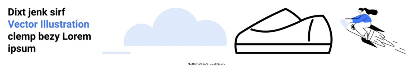 Man skiing downhill, black snowmobile outline, light blue cloud, dynamic winter sports scene. Ideal for winter activities, outdoor sports, adventure, holidays, graphic design, web visuals, landing