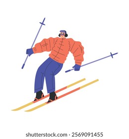 Man Skiing Downhill with Pole in Winter Vector Illustration