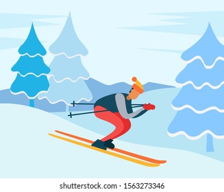 Man skiing downhill in winter forest. Ski resort path for training winter sports. Male wearing warm clothes and using special equipment. Landscape with trees and snowy peaks, frosty view vector