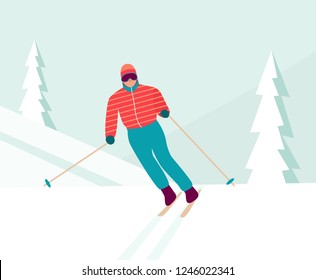 Man skiing downhill.  Winter landscape. Vector flat illustration