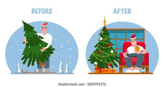 A man skiing in the forest with a Christmas tree and at home on an armchair watching TV during the holiday. Spruce in the forest and in the room with gifts and lights. Preparation for the holiday. 