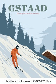 man skiing in gstaad poster vintage illustration design, ski slope ins switzerland poster design