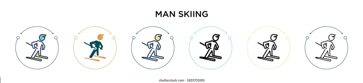 Man Skiing Icon In Filled, Thin Line, Outline And Stroke Style. Vector Illustration Of Two Colored And Black Man Skiing Vector Icons Designs Can Be Used For Mobile, Ui, Web