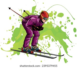 Man skiing illustration, rounded shapes cartoon style,