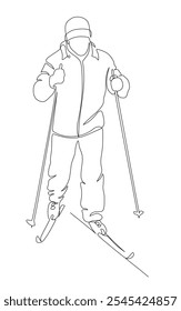 Man skiing. Leisure activity in winter season. Continuous line drawing. Front view. Black and white vector illustration in line art style.