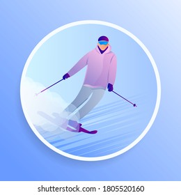 Man Skiing in the mountain flat character. Blue flat design flat icon concept. Vector character simple design. Winter holiday celebration.