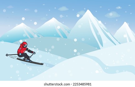 Man skiing in the mountain vector illustration landscape