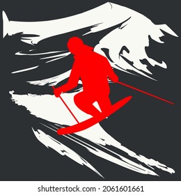 Man skiing in the mountains - abstract illustration - black white red background in grunge style - vector. Winter sports