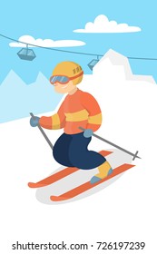 Man skiing in mountains. Young happy man doing active sport.