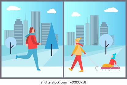 Man skiing on ice and woman with kid sitting on sledge, holidays of people in city, cityscape with trees and skyscrapers vector illustration